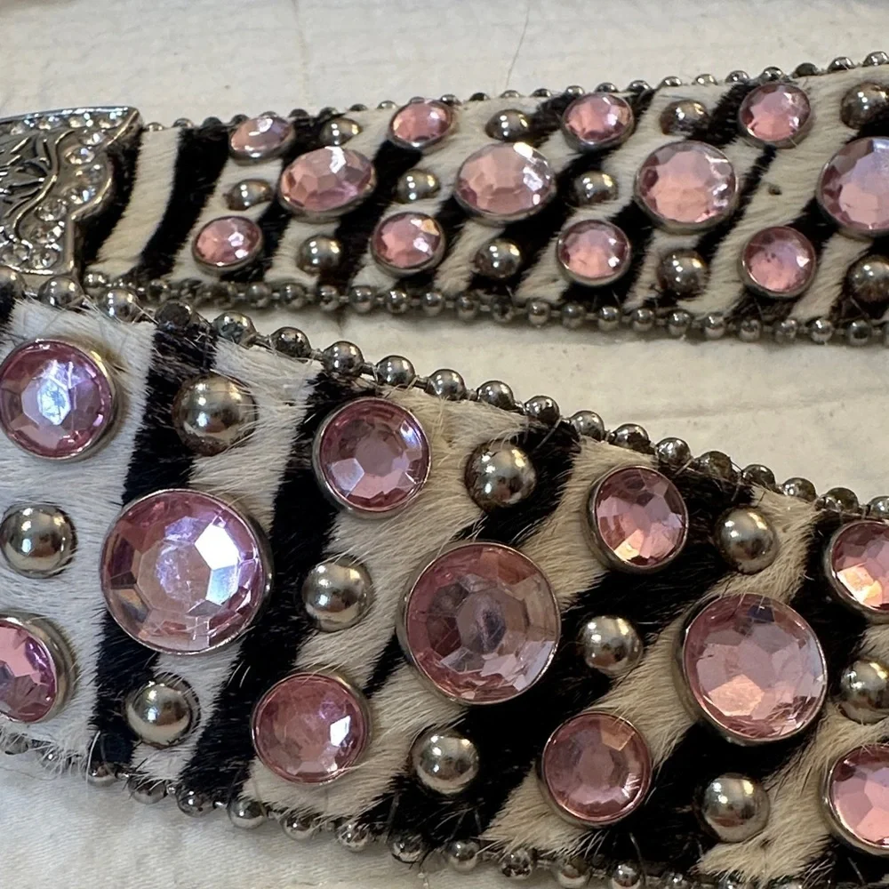 Vintage Western Studded Leather Belt Zebra Pink Rhinestone Rodeo Cowgirl